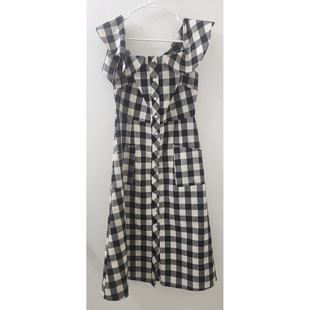 Gianni Bini Black White Gingham Ruffle Button Front Midi Dress Womens Medium
